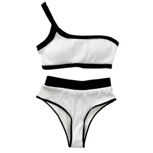 Women’s One Shoulder Bikini Set Contrast Trim Classic BlackWhite No Brand NWOT!